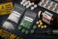 Sebuah warung kelontong di Jalan Gagak, RT 07 RW 08, Kelurahan Semanan, Kecamatan Kalideres, Jakarta Barat, digerebek Kepolisian Polsek Kalideres. Ilustrasi obat keras ilegel