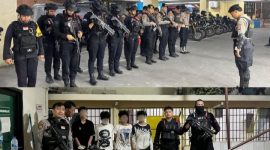 Satbrimob Polda Metro Jaya bersama Tim Perintis Presisi Polres Metro Jakarta Timur membubarkan aksi tawuran yang terjadi di kawasan Jalan Raya Bogor, Kramat Jati, Jakarta Timur