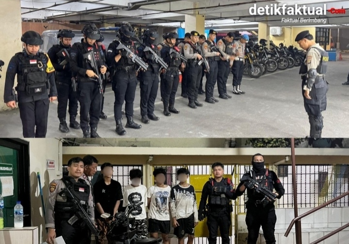Satbrimob Polda Metro Jaya bersama Tim Perintis Presisi Polres Metro Jakarta Timur membubarkan aksi tawuran yang terjadi di kawasan Jalan Raya Bogor, Kramat Jati, Jakarta Timur