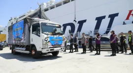 Truk membawa bantuan dari Polda Jawa Tengah tiba di Labuan Bejo,Nusa Tenggara Timur (Dok.Istw)